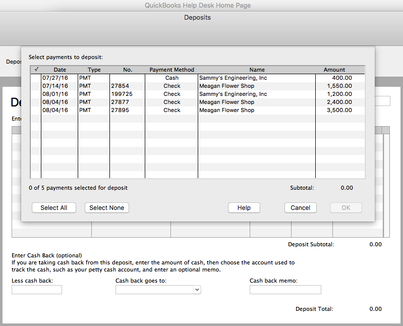 in quickbooks for mac match multiple deposits with one deposit